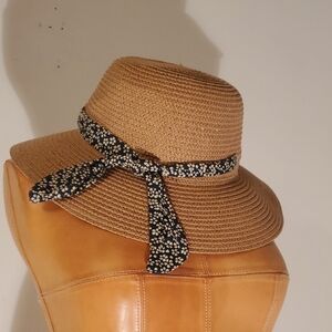 Straw Sun Hat with Floral Tie - Beige